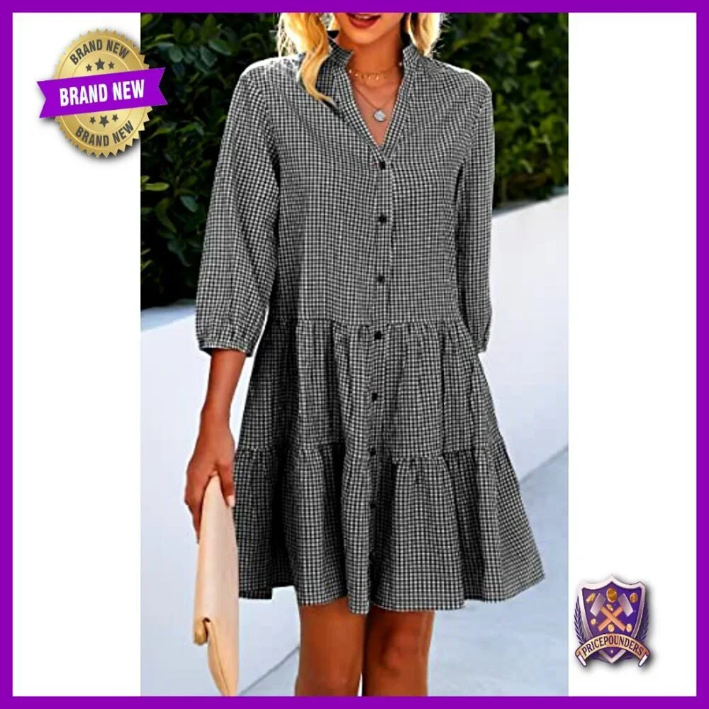 Floral Print V-Neck Button Down Shirt Dress 3/4 Sleeve Loose Fit - Picture 6 of 7
